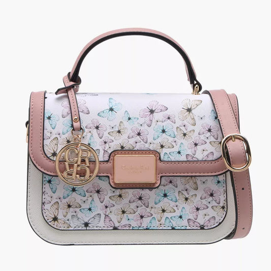 Pastel Butterfly Print Satchel Bag with Flap Closure