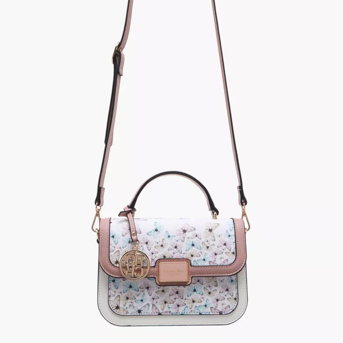 Pastel Butterfly Print Satchel Bag with Flap Closure