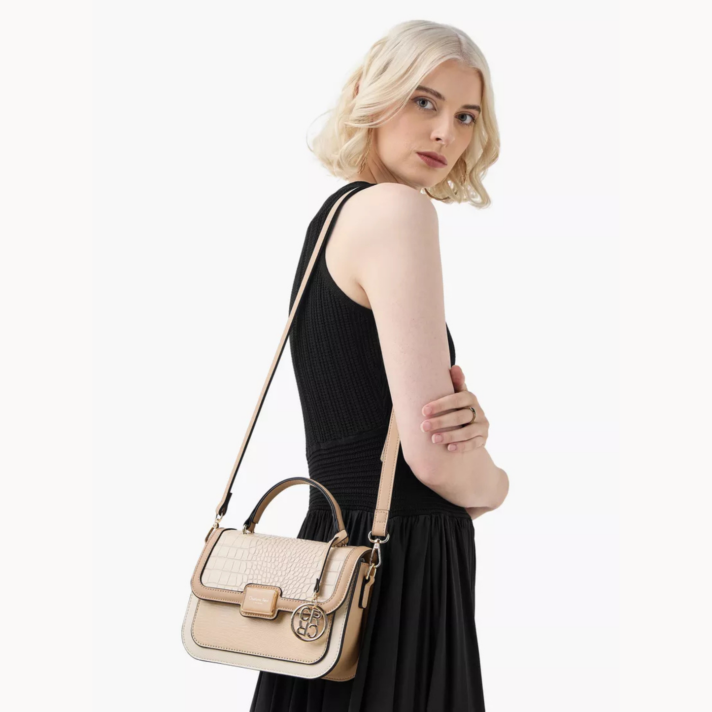 Beige Textured Satchel Bag with Top Handle