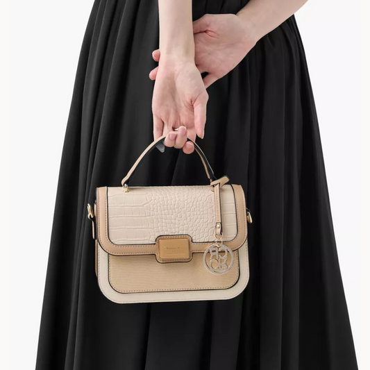 Beige Textured Satchel Bag with Top Handle