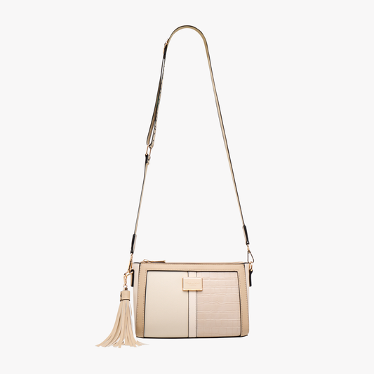 Beige Textured Crossbody Bag with Detachable Tassel