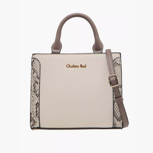 Stylish beige tote with snake-effect trim, zip closure, double handles & crossbody strap. Back slip pocket fits phone, wallet & daily essentials.