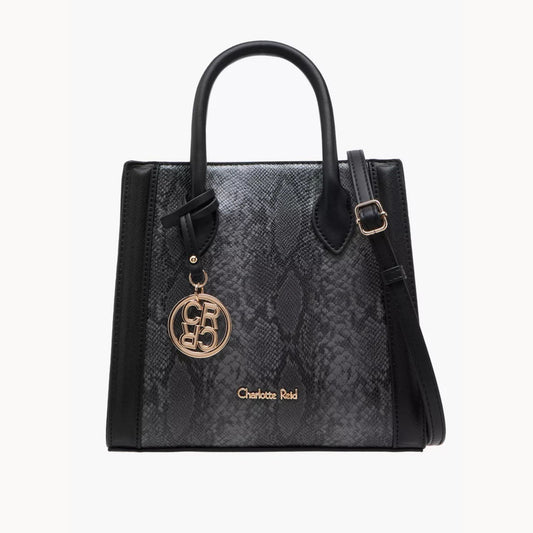 Black Printed Tote Bag with Zip Closure and Detachable Strap