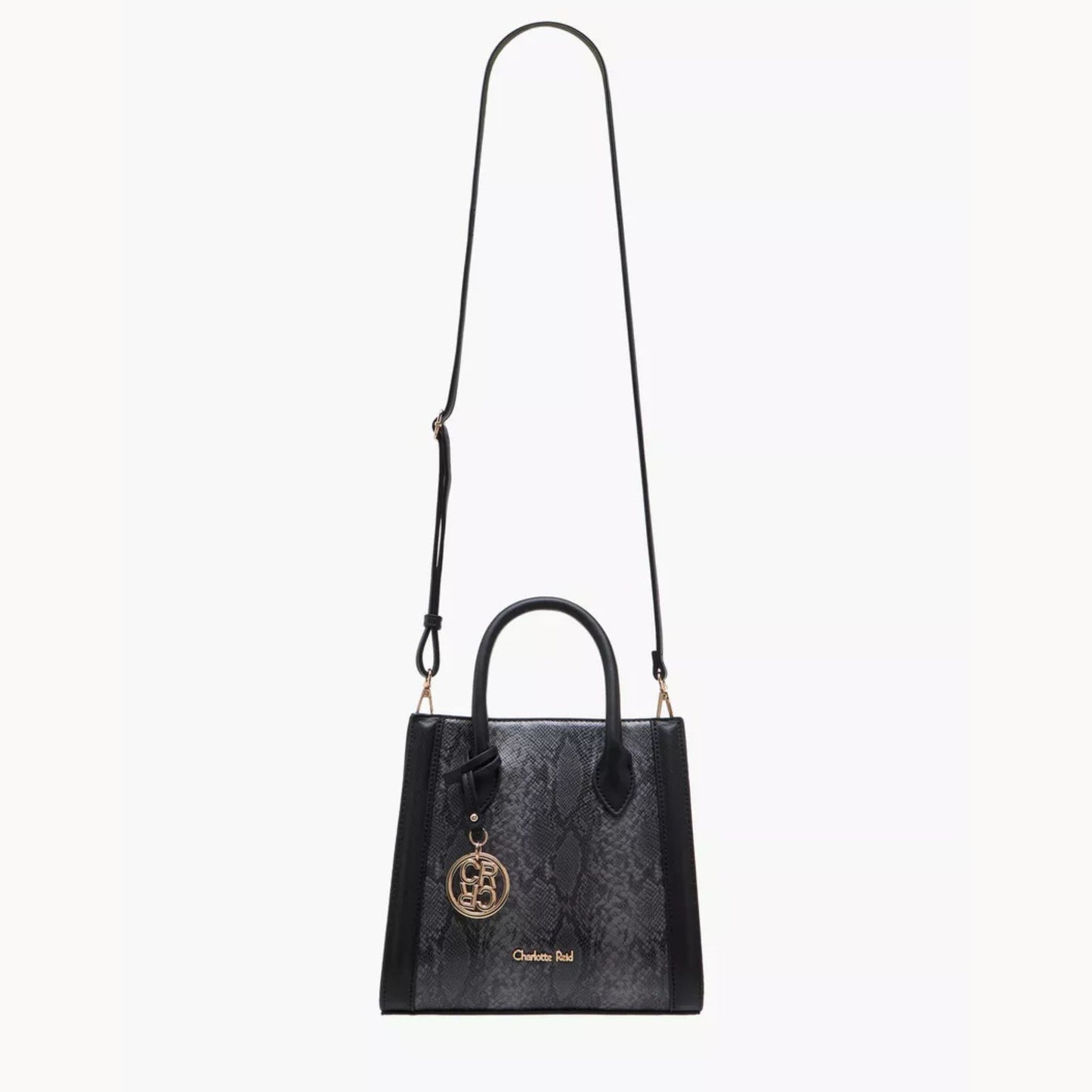 Black Printed Tote Bag with Zip Closure and Detachable Strap