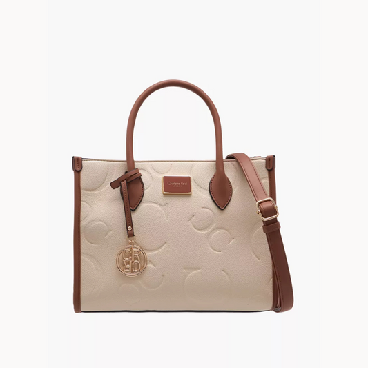 Elegant embossed beige tote bag. Adjustable crossbody strap, roomy interior, and phone/key pocket by InStyle Fashion Hong Kong.