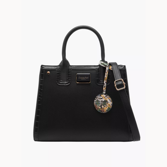 Black Textured Tote Bag with Double Handles and Detachable Strap
