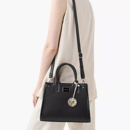 Black Textured Tote Bag with Double Handles and Detachable Strap
