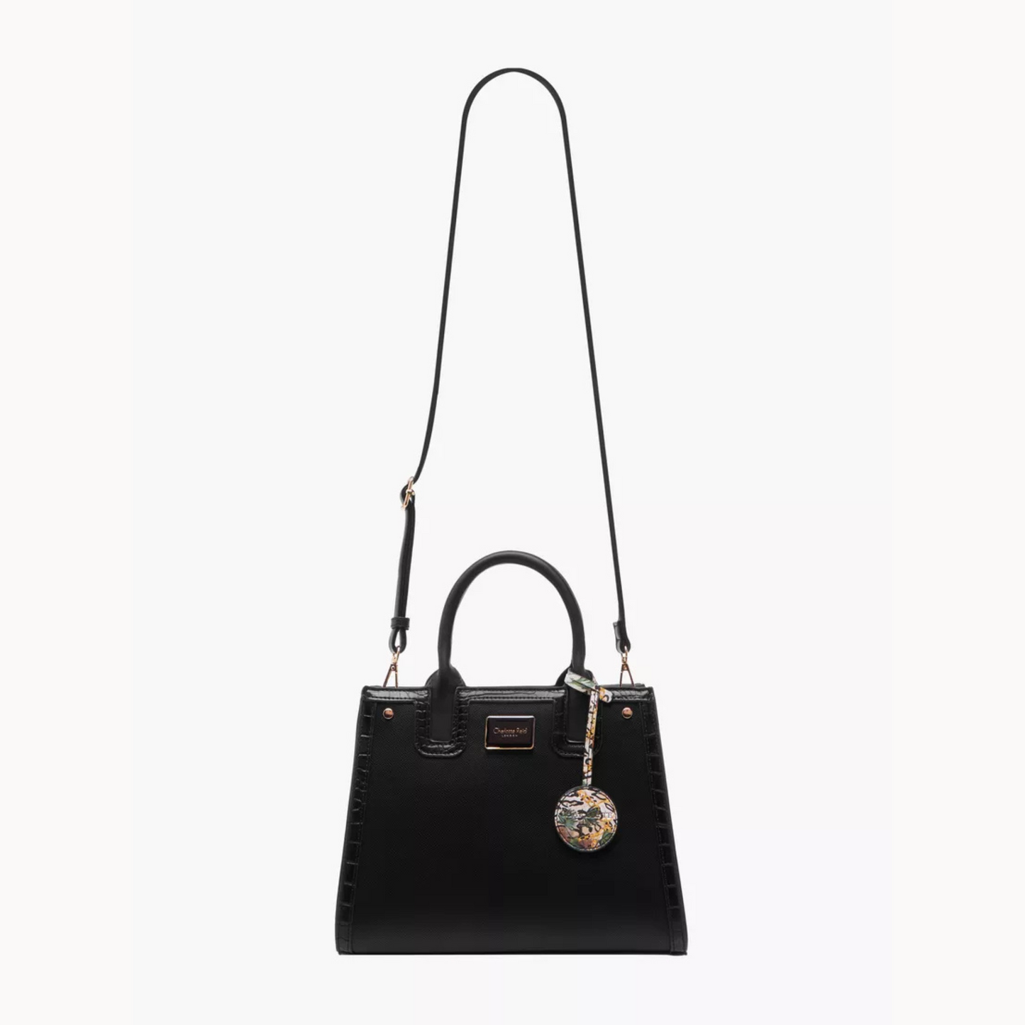 Black Textured Tote Bag with Double Handles and Detachable Strap