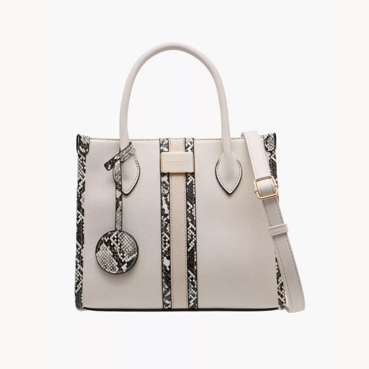 Beige Snake Print Panel Tote Bag with Zip Closure