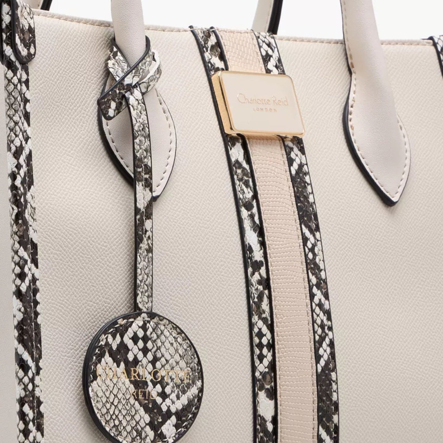 Beige Snake Print Panel Tote Bag with Zip Closure