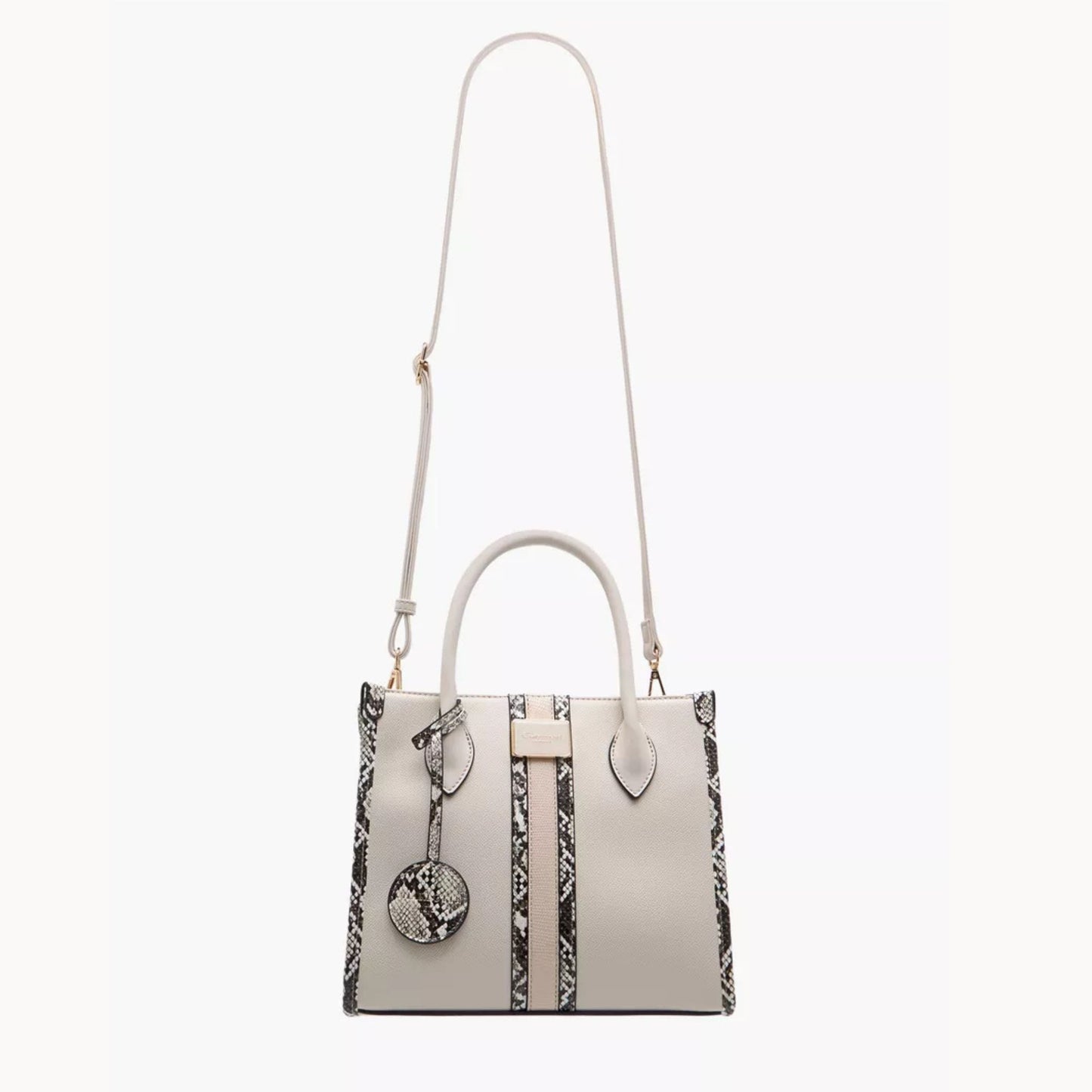Beige Snake Print Panel Tote Bag with Zip Closure