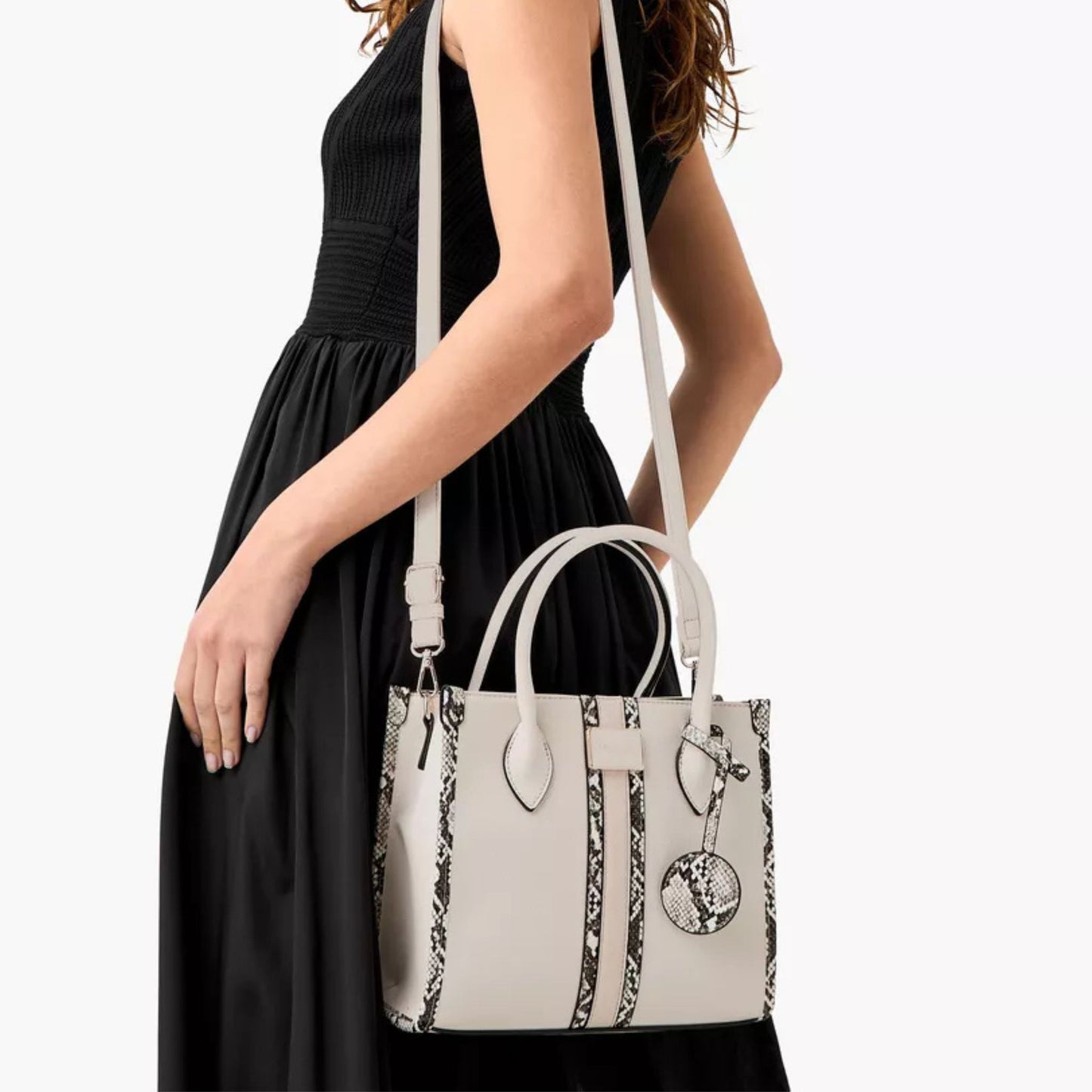 Beige Snake Print Panel Tote Bag with Zip Closure