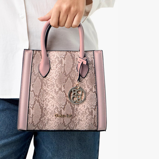Nude Pink Snake Print Panel Tote Bag with Zip Closure