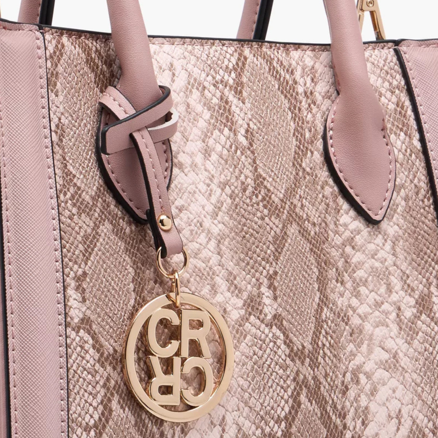 Nude Pink Snake Print Panel Tote Bag with Zip Closure