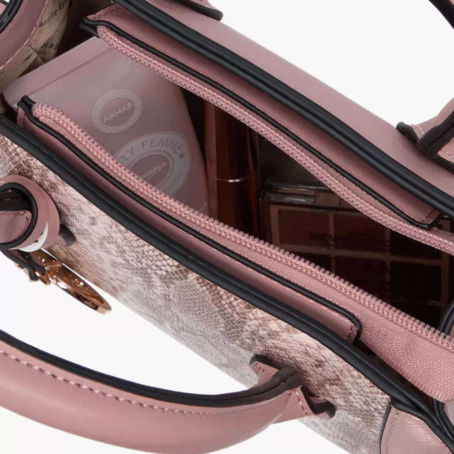 Nude Pink Snake Print Panel Tote Bag with Zip Closure