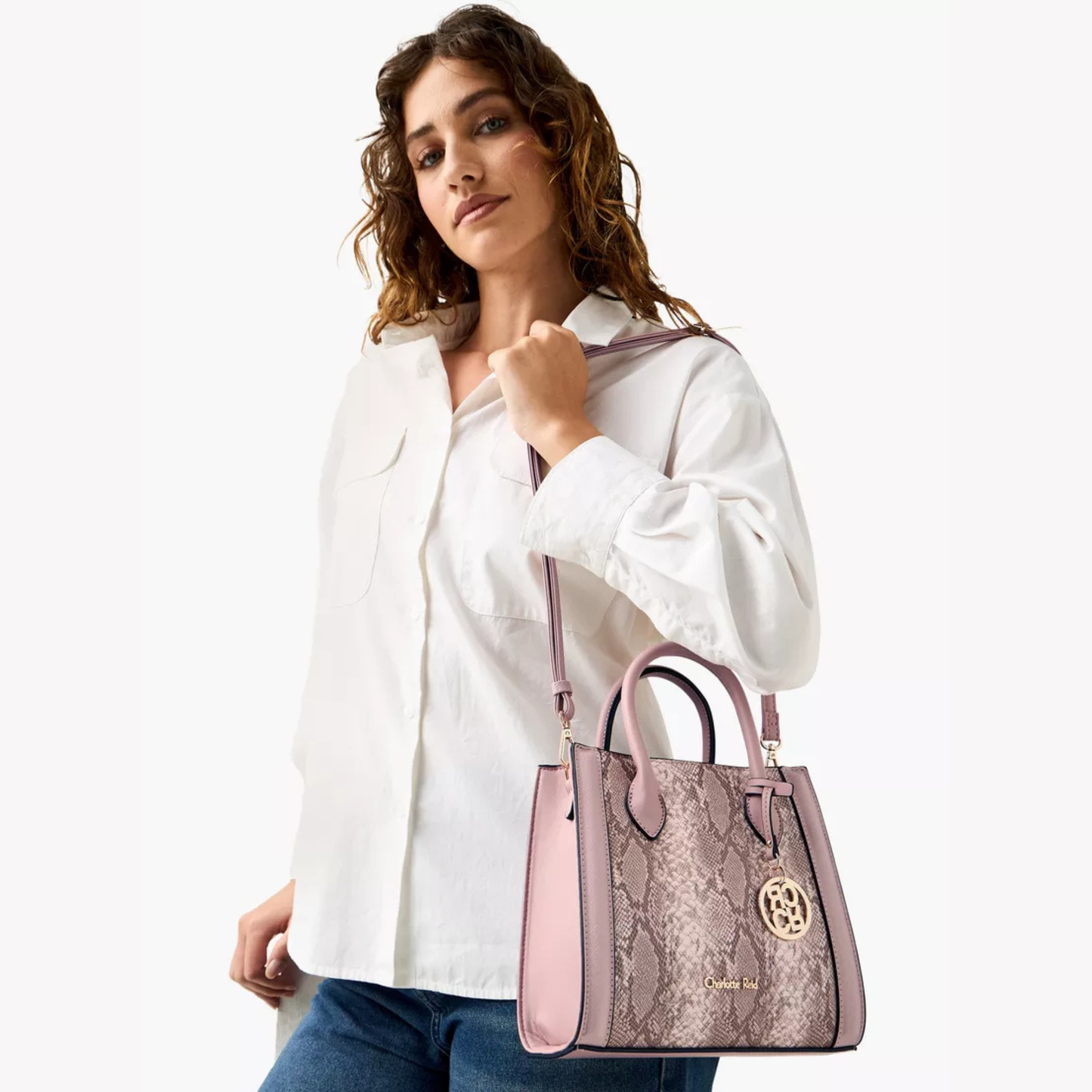 Nude Pink Snake Print Panel Tote Bag with Zip Closure