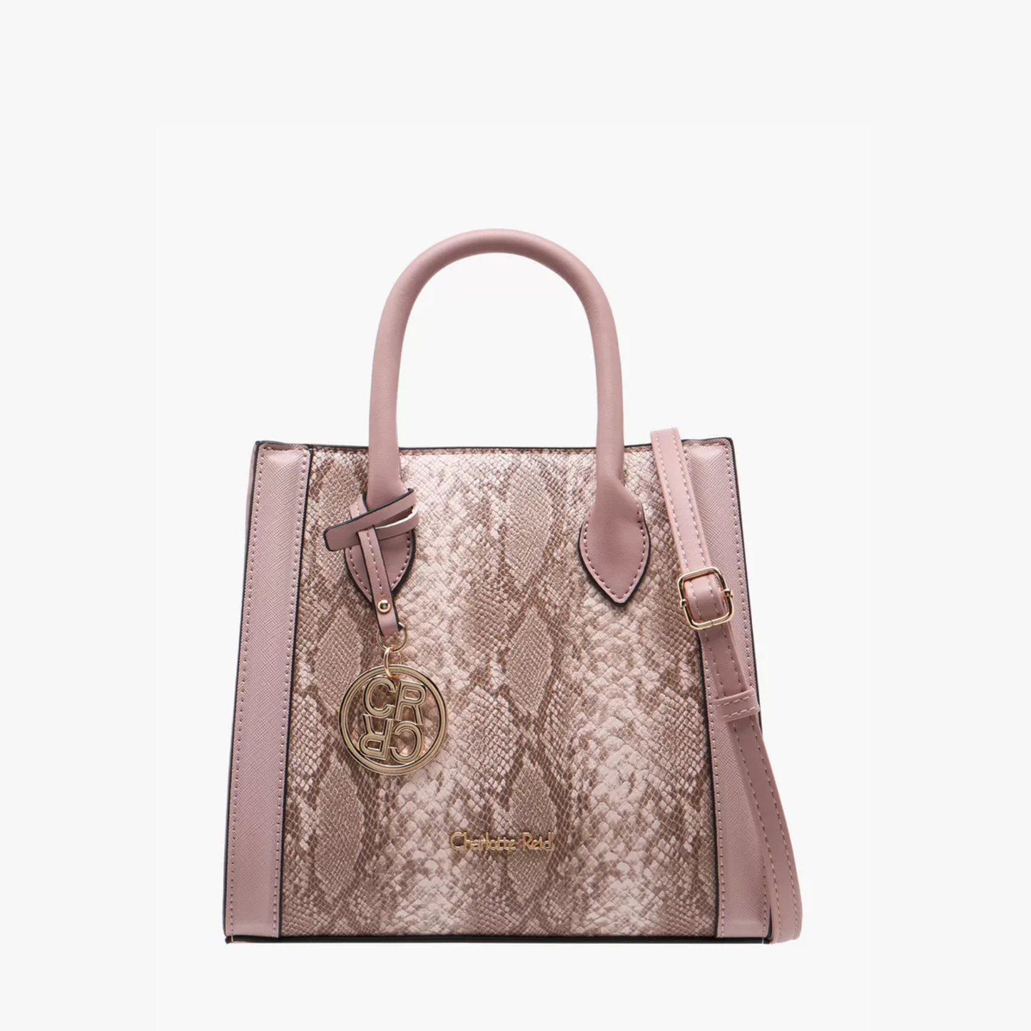Nude Pink Snake Print Panel Tote Bag with Zip Closure