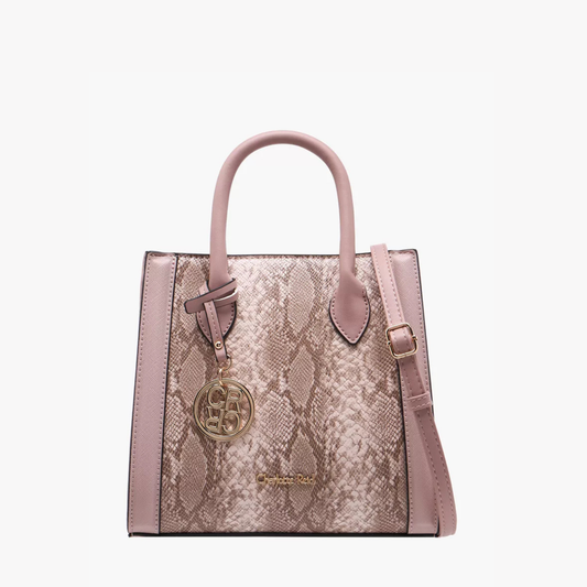 Nude Pink Snake Print Panel Tote Bag with Zip Closure