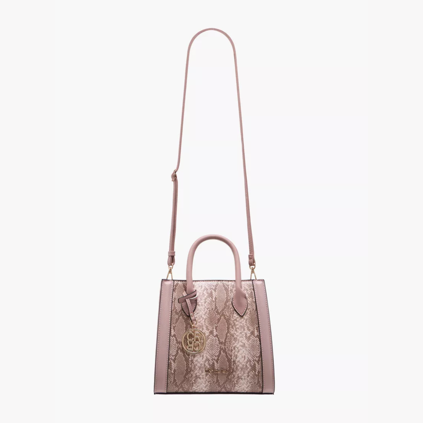 Nude Pink Snake Print Panel Tote Bag with Zip Closure