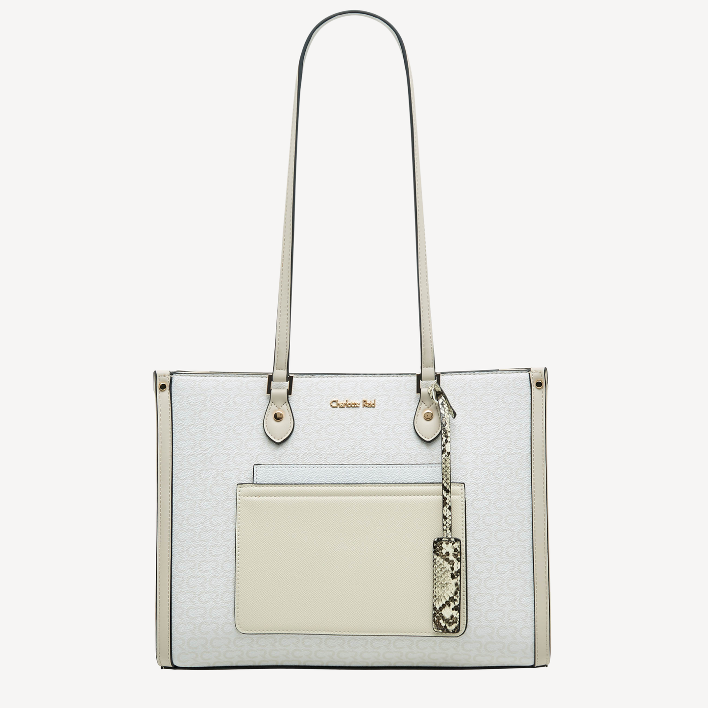 Charlotte Reid elegant beige shoulder handbag with outer pocket, gold branding & spacious design for modern women.