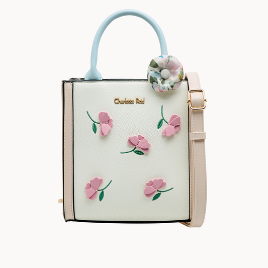 White Floral Applique Tote Bag with Detachable Strap