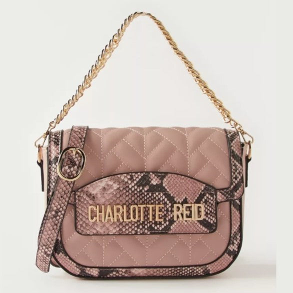 Nude Textured Satchel Bag with Monogram Motif and Chain Strap