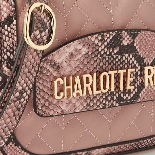 Nude Textured Satchel Bag with Monogram Motif and Chain Strap