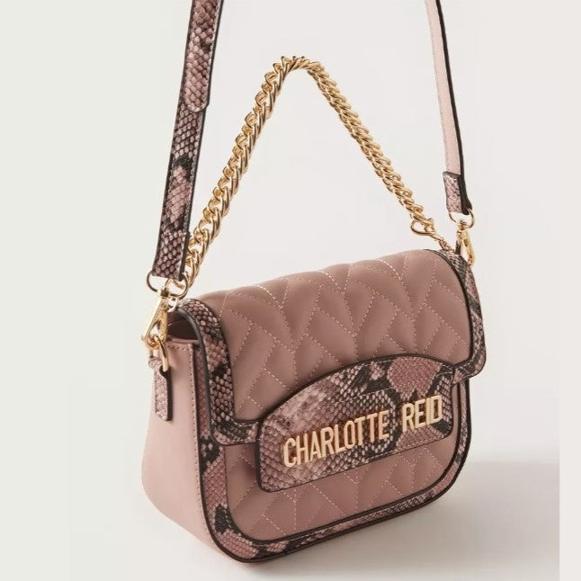 Nude Textured Satchel Bag with Monogram Motif and Chain Strap