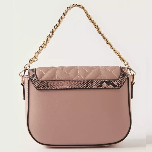Nude Textured Satchel Bag with Monogram Motif and Chain Strap