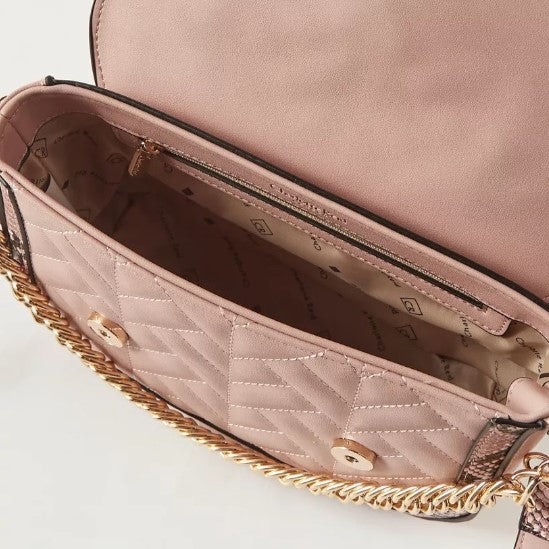 Nude Textured Satchel Bag with Monogram Motif and Chain Strap