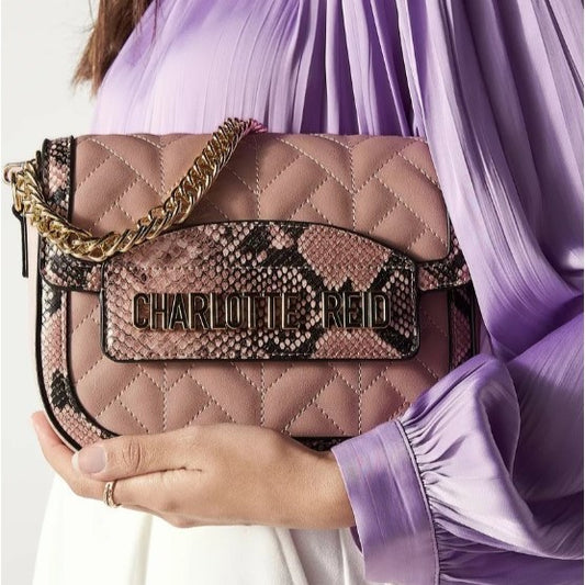 Nude Textured Satchel Bag with Monogram Motif and Chain Strap