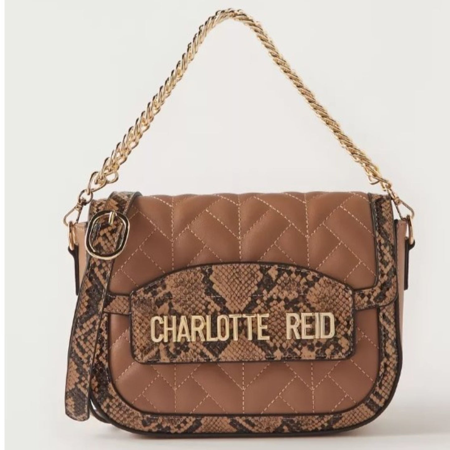 Nude Textured Satchel Bag with Monogram Motif and Chain Strap