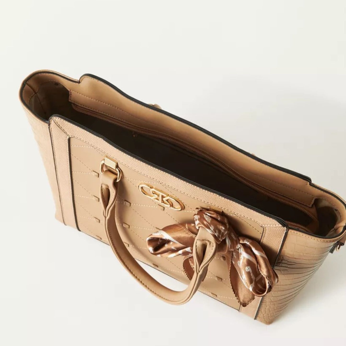 Beige Embellished Satchel Tote Bag with Matching Scarf