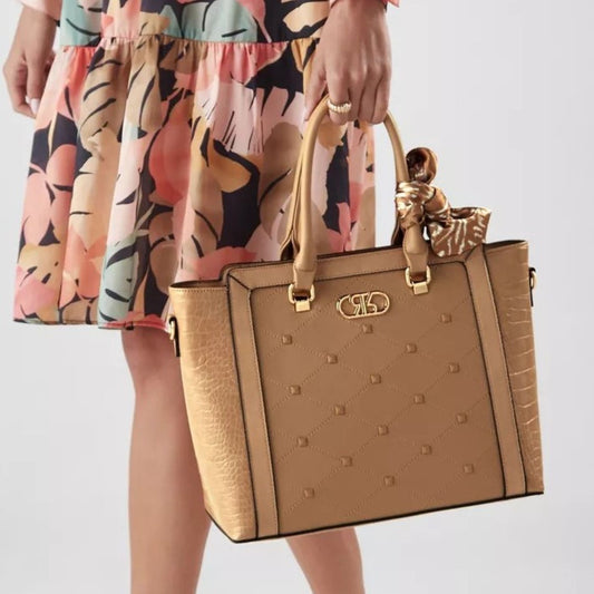 Beige Embellished Satchel Tote Bag with Matching Scarf