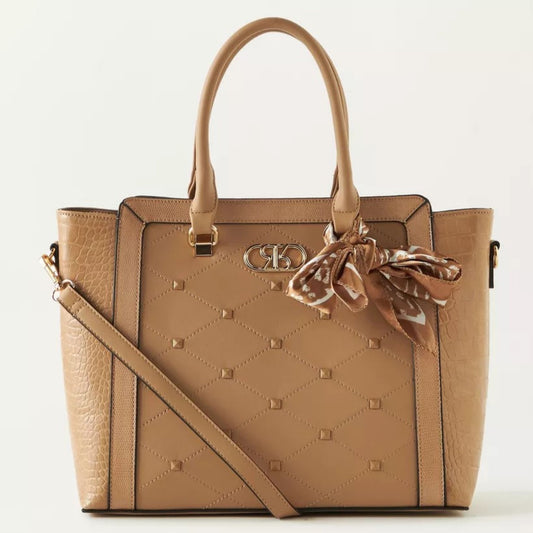 Beige Embellished Satchel Tote Bag with Matching Scarf