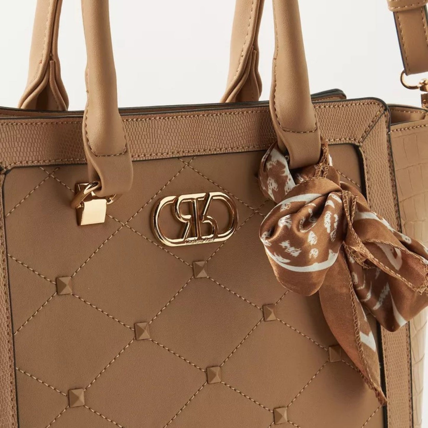 Beige Embellished Satchel Tote Bag with Matching Scarf