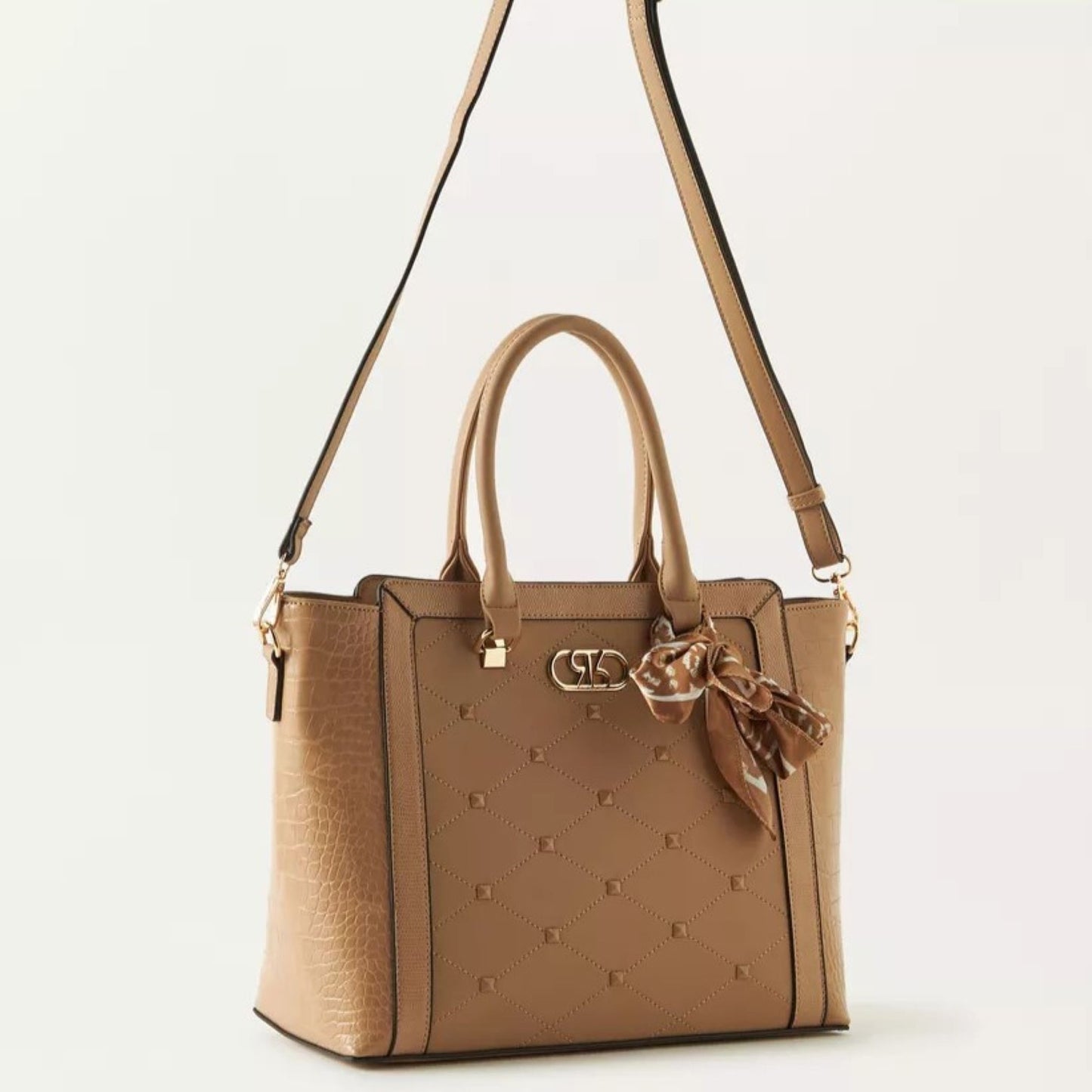 Beige Embellished Satchel Tote Bag with Matching Scarf