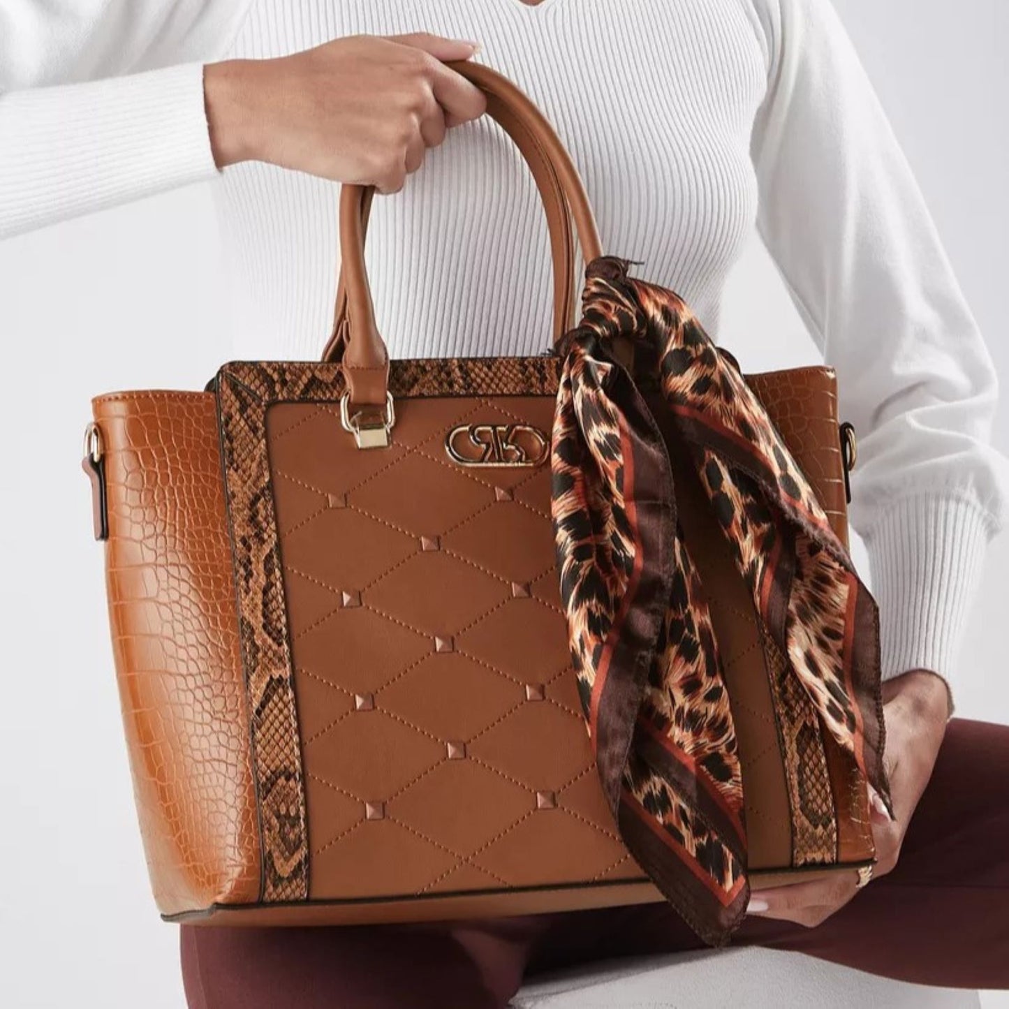 Beige Embellished Satchel Tote Bag with Matching Scarf