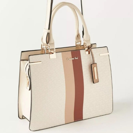 Beige Multicolour Satchel Tote Bag with Monogram Print and Top Zipper