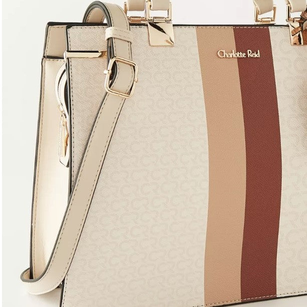 Beige Multicolour Satchel Tote Bag with Monogram Print and Top Zipper