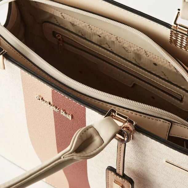 Beige Multicolour Satchel Tote Bag with Monogram Print and Top Zipper