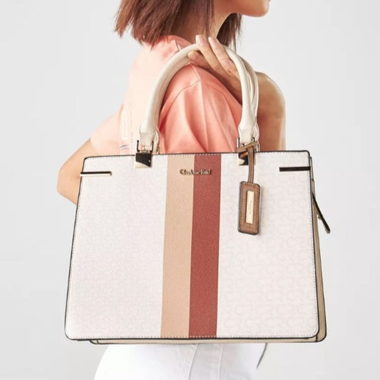 Beige Multicolour Satchel Tote Bag with Monogram Print and Top Zipper