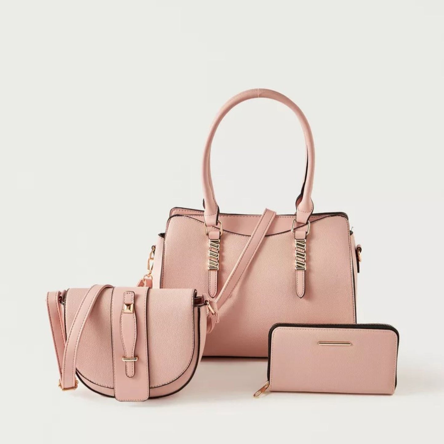 Nude Pink 3 piece Quilted Design Bag Set featuring Flapover Crossbody
