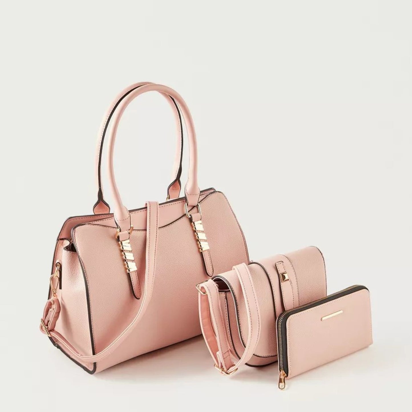 Nude Pink 3 piece Quilted Design Bag Set featuring Flapover Crossbody