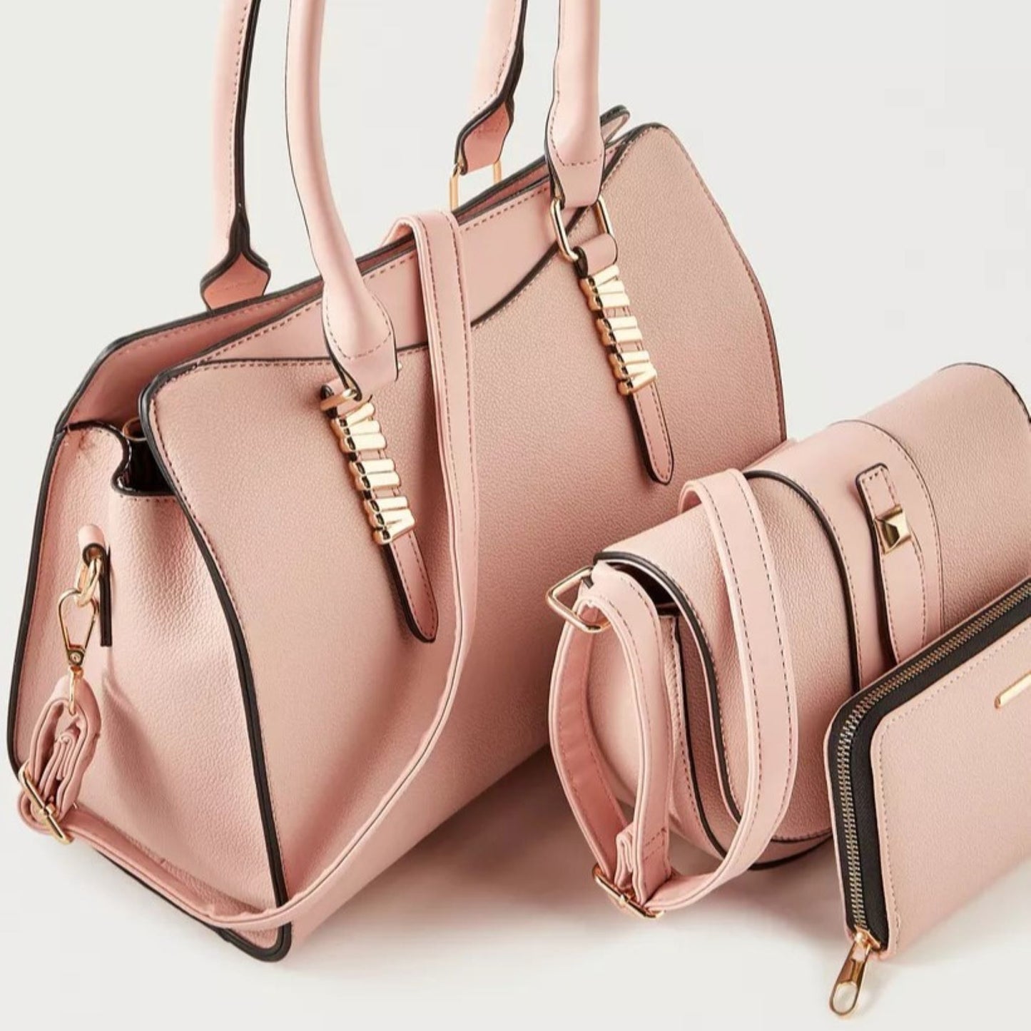 Nude Pink 3 piece Quilted Design Bag Set featuring Flapover Crossbody