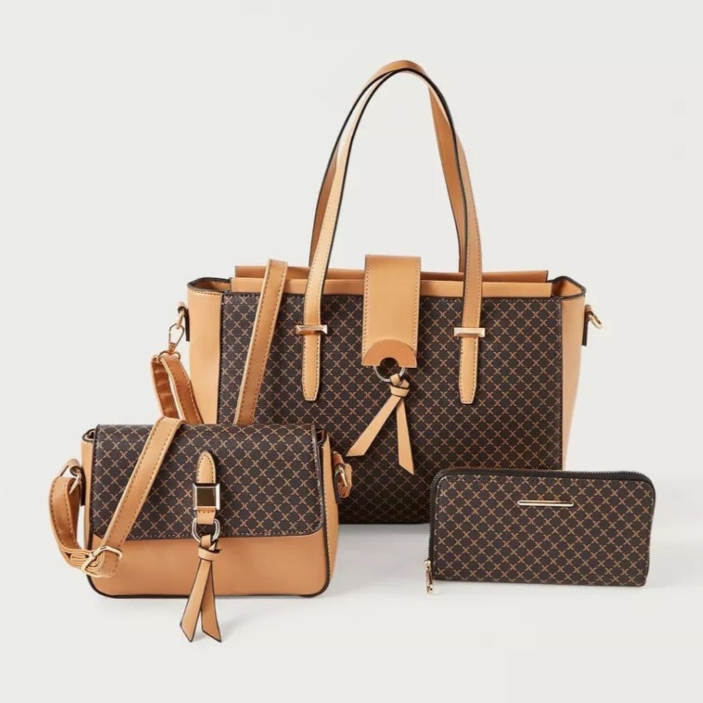 Nude Pink 3 piece Quilted Design Bag Set featuring Flapover Crossbody