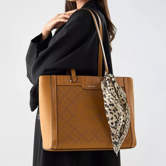 Mustard Textured Monogram Tote Bag with Scarf Detail