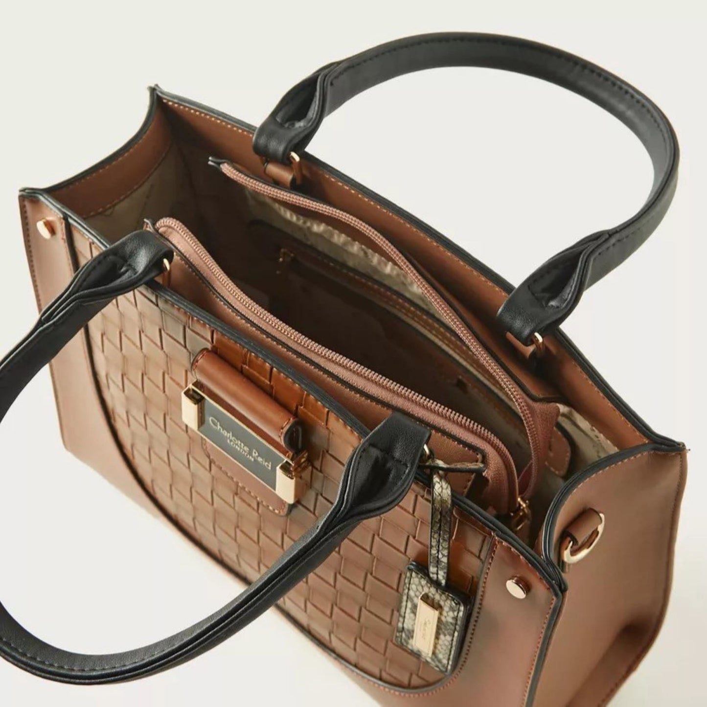 Tan Weave Textured Medium Satchel Bag