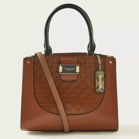 Tan Weave Textured Medium Satchel Bag