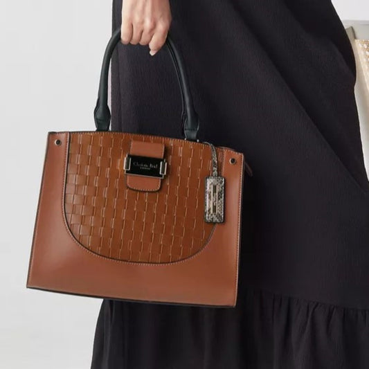 Tan Weave Textured Medium Satchel Bag